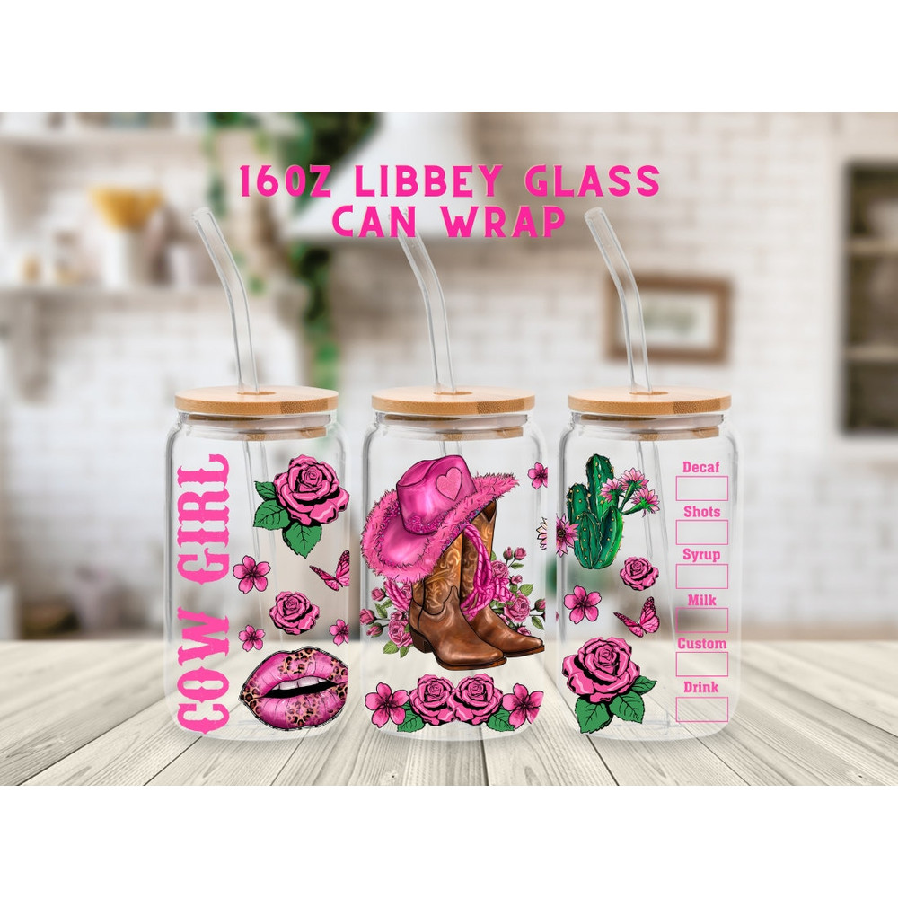 Western 16oz Libbey Glass Can PNG File Cup Wrap, Cowgirl Boots Libbey PNG Glass Can Wrap Sublimation Design Western Cowboy PNG - 1.jpg