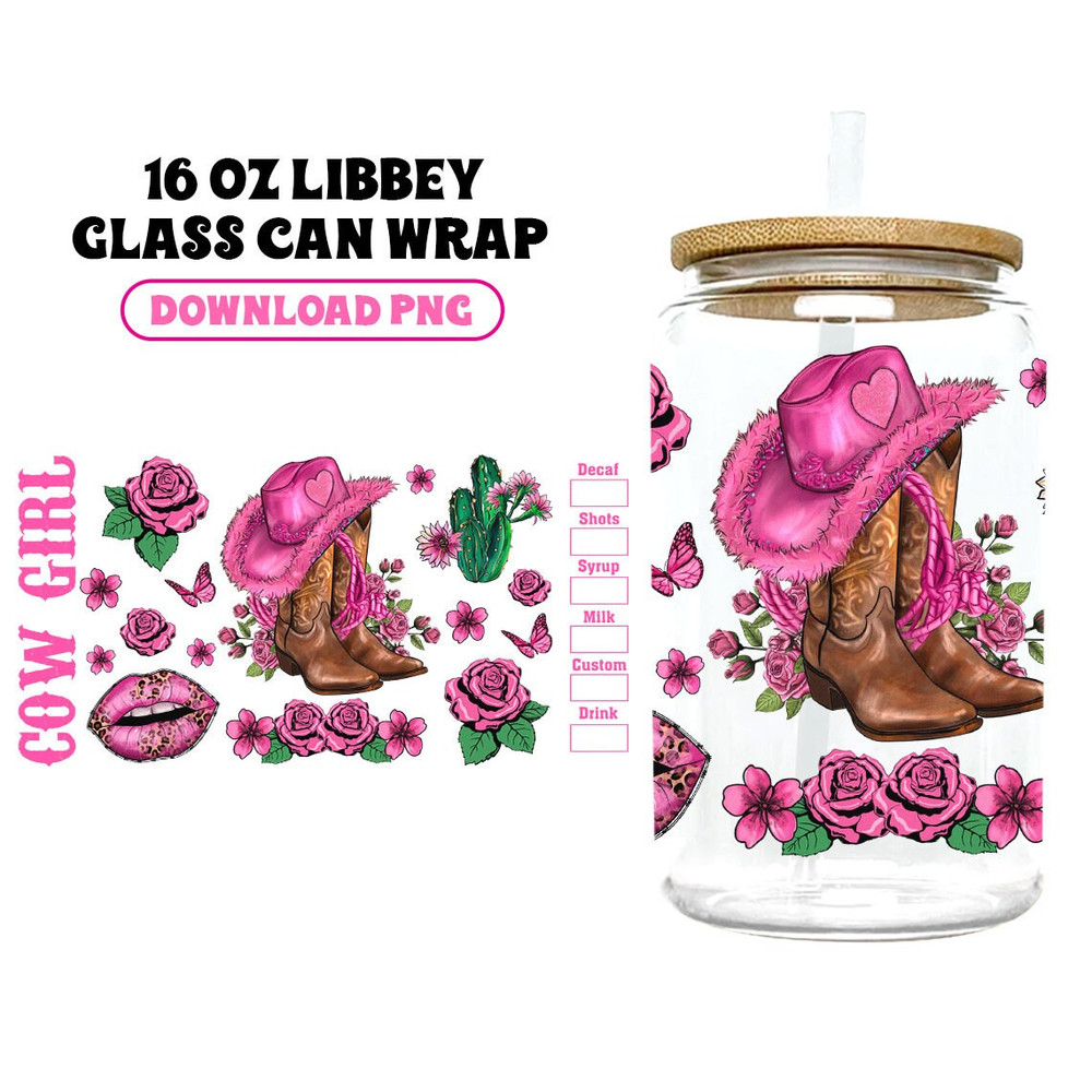 Western 16oz Libbey Glass Can PNG File Cup Wrap, Cowgirl Boots Libbey PNG Glass Can Wrap Sublimation Design Western Cowboy PNG - 3.jpg