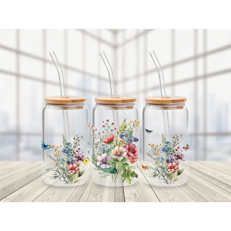 Wildflower 16oz Libbey Glass Can Wrap PNG file Cup Butterfly Glass Can Wrap Png Wild Flower Clipart  Vintage Floral Glass Can - 1.jpg