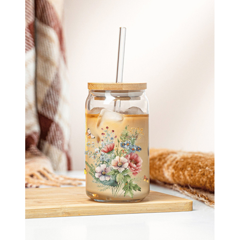 Wildflower 16oz Libbey Glass Can Wrap PNG file Cup Butterfly Glass Can Wrap Png Wild Flower Clipart  Vintage Floral Glass Can - 2.jpg