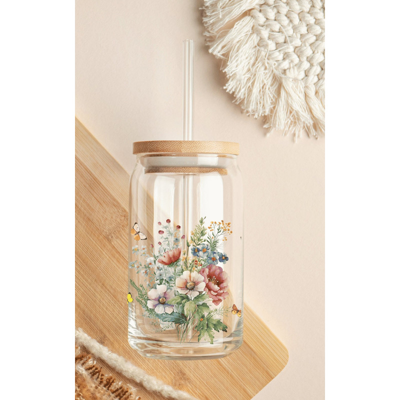 Wildflower 16oz Libbey Glass Can Wrap PNG file Cup Butterfly Glass Can Wrap Png Wild Flower Clipart  Vintage Floral Glass Can - 3.jpg