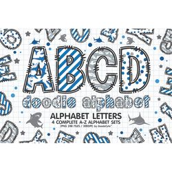 Shark Doodle Alphabet Letters Sublimation Clipart PNG, Number & A-Z Uppercase and Lowercase Font Letters Complete Set Bu