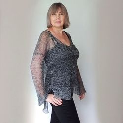 Summer linen tunic. Loose, comfy and sexy mesh sweater. Elegant black and white top with sleeves. Bohemian sweater.