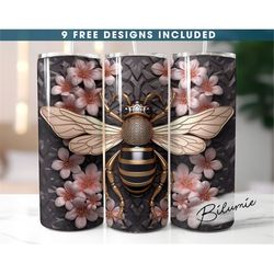 3d black bee design for 20 oz skinny tumbler, 3d bee flower tumbler wrap png, straight & tapered tumbler wrap png, insta