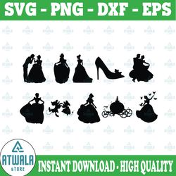 cinderella svg cut files, cinderella silhouettes, instant download, printable vector clip arts, cinderella svg bundle