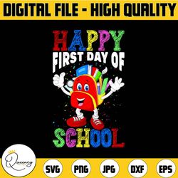 happy first day of school png, back to school png, teacher png, retro, pencil, apple, 1st day of school, sublimation