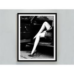 heels woman in classic car print, black and white, vintage fashion poster, feminist wall art, teen girl room decor, luxu