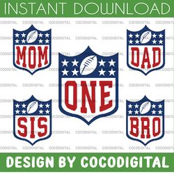 football first birthday svg, bundle one mom dad sis bro family svg, football theme birthday boy svg, boys birthday svg