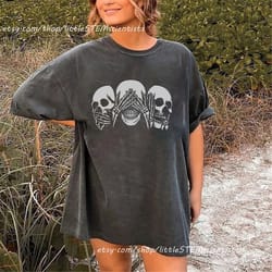 comfort colors women skull halloween shirt, skull hear speak see no evil, skull vintage tshirt for women