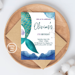 personalized file mermaid birthday invitation under the sea little teal merm, invitation png file only, digital download