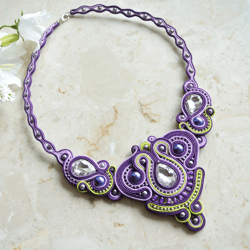 Purple statement necklace, Bib necklace, Bead embroidered necklace, Soutache necklace