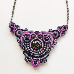 Black and Puple Statement Necklace, Boho Ethnic necklace, Bib necklace, Bead embroidered Soutache necklace