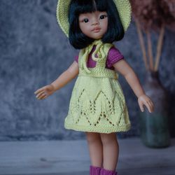 Knitted top, sundress, bonnet and shoes for Paola Reina doll