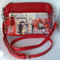mini  leather crossbody bag with london pattern . a bright and beautiful red bag .  a small red pu leather handbag .