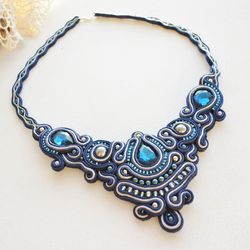 Blue statement necklace, Designer necklace, Handmade Embroidered bib necklace, Soutache jewelry