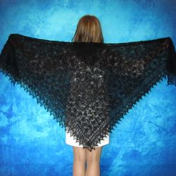 Black warm Russian shawl with embroidery, Orenburg wool wrap, Hand knit cover up, Wedding stole, Mourning kerchief,Scarf