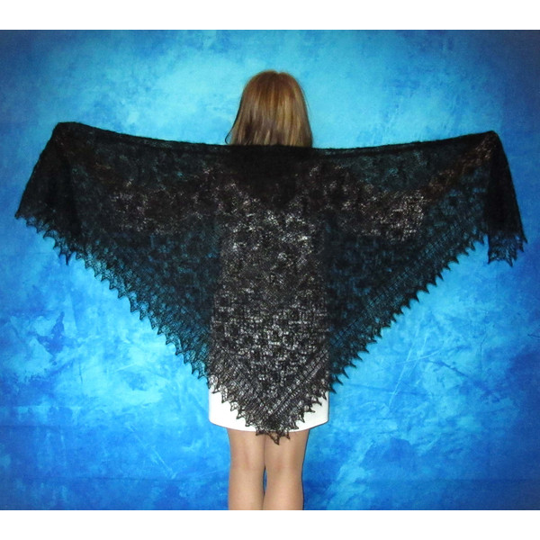 Hand knit black Russian Orenburg shawl, Embroidered wool wrap, Goat down warm cover up, Wedding cape, Bridal stole, Mourning kerchief, Gift for her.JPG