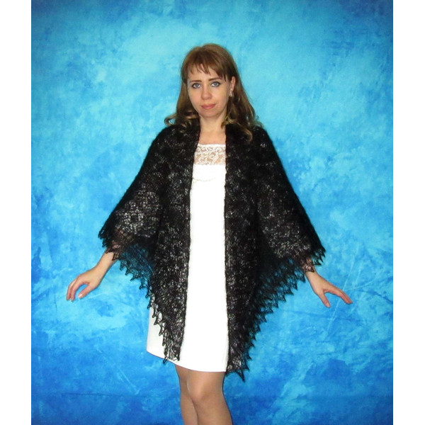 Hand knit black Russian Orenburg shawl, Embroidered wool wrap, Goat down warm cover up, Wedding cape, Bridal stole, Mourning kerchief, Gift for wife.JPG