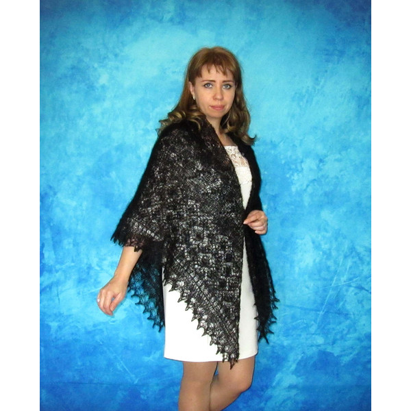 Hand knit black Russian Orenburg shawl, Embroidered wool wrap, Goat down warm cover up, Wedding cape, Bridal stole, Mourning kerchief, Gift for girlfriend.JPG