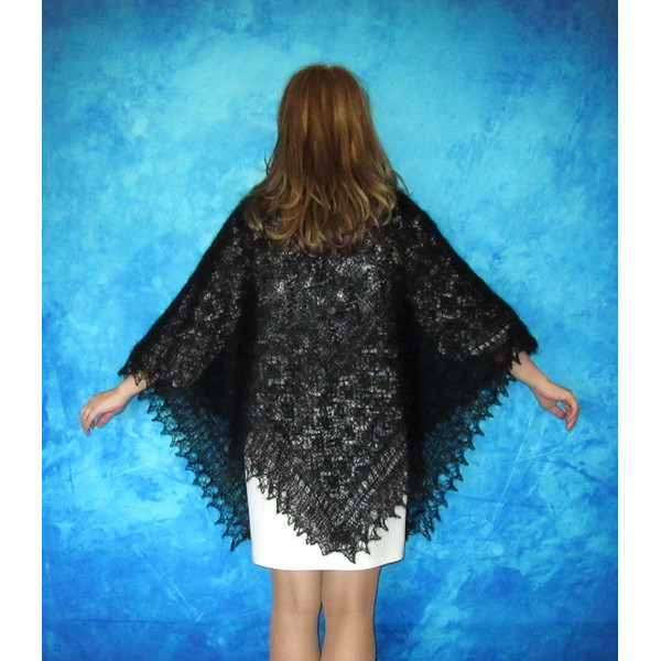 Hand knit black Russian Orenburg shawl, Embroidered wool wrap, Goat down warm cover up, Wedding cape, Bridal stole, Mourning kerchief, Gift for a woman.JPG