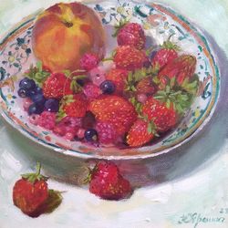 strawberry still life, berries original oil painting, fine art