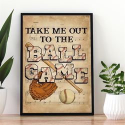 take me out to the ball game poster, sheet music theme baseball bat, glove & ball wall art, baseball wall decoration