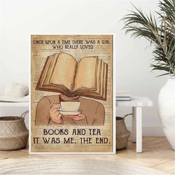 dictionary book head there was a girl loved books and tea poster wall art,book head girl wall art with a cup of tea,book