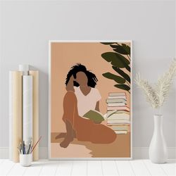 black woman poster, boho girl reading book poster, african american art, gift for book lovers