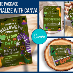 dinosaur halloween birthday party template package, halloween dinosaur birthday invitation canva editable