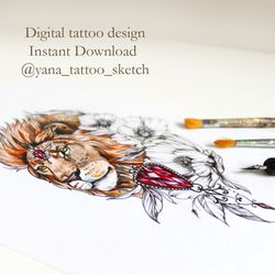 Lion Tattoo Designs Lion And Peony Flowers Tattoo Sketch Ideas, Instant download JPG, PNG files