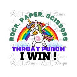 rock, paper, scissors, throat punch i win! sarcastic adult tshirt, adult gift, unicorn with middle finger up, funny adul