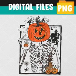 Halloween Pumpkin Skeleton Drinking Coffee PNG, Digital Download