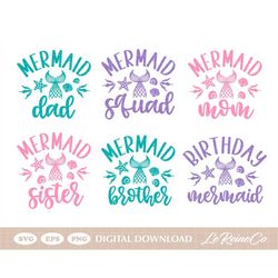mermaid birthday family bundle svg, 6 designs, mermaid tail svg, mermaid girl svg, mermaid party svg eps png, cricut, su
