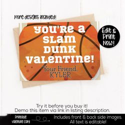 Sports Printable Valentine Card, Kids Valentines Day Card, School Valentine Exchange, Boys Class Valentine, Basketball