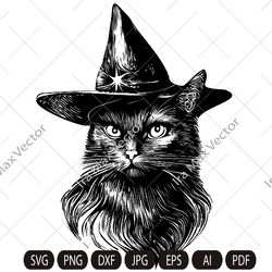 Black Cat with Witch Hat Svg, Cute Black Cat Svg, Halloween Black Cat Svg, Witch Black Cat Svg, Cat with Halloween Hat S