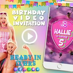 barbie the movie 2023 birthday video invitation for girls, animated kid's birthday party invite
