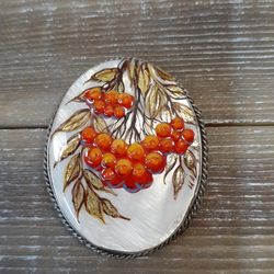 brooches for women: bunch of rowan berries painted on pearl brooch, orange handmade painted pin, pin for fall season