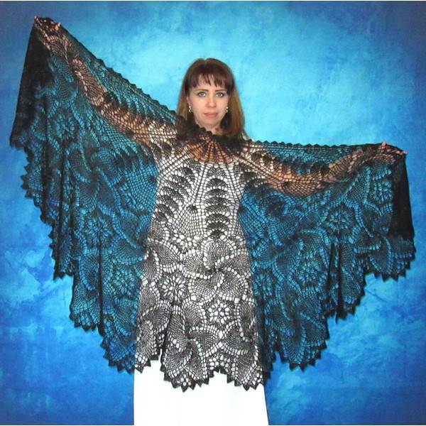 Black crochet warm Russian shawl, Goat wool Orenburg shoulder wrap, Mourning stole, Downy cape, Hand knit bridal cover up, Lace kerchief, Gift for her.JPG