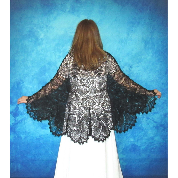 Black crochet warm Russian shawl, Goat wool Orenburg shoulder wrap, Mourning stole, Downy cape, Hand knit bridal cover up, Lace kerchief, Gift for her 2.JPG