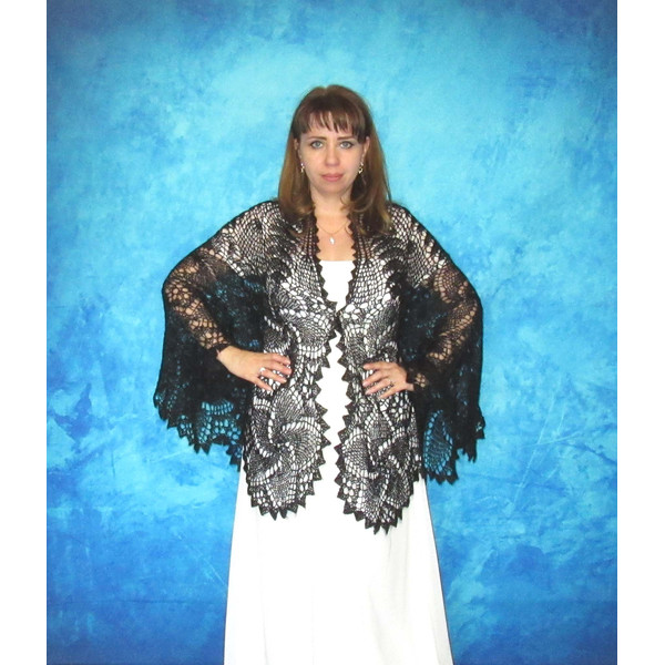 Black crochet warm Russian shawl, Goat wool Orenburg shoulder wrap, Mourning stole, Downy cape, Hand knit bridal cover up, Lace kerchief, Gift for wife.JPG