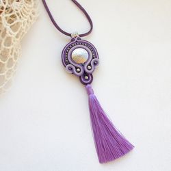 Purple Tassel Necklace, Boho Ethnic necklace, Bead embroidered Soutache necklace, Mandala necklace