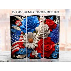 3d usa flag flowers tumbler wrap, 20 oz skinny tumbler sublimation design, patriotic straight tumbler wrap, digital down
