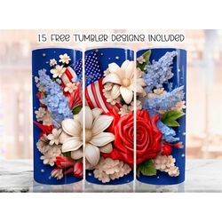3d usa flag florals tumbler wrap, 20 oz skinny tumbler sublimation design, patriotic straight tumbler wrap, digital down
