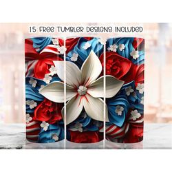 3d 4th of july flower florals tumbler wrap, 20 oz skinny tumbler sublimation design, patriotic straight tumbler wrap, di