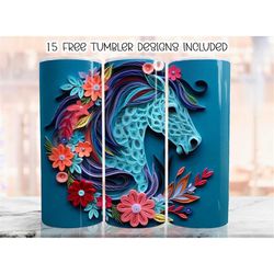 3d horse tumbler wrap, 20 oz skinny tumbler sublimation design, floral straight tumbler wrap, png