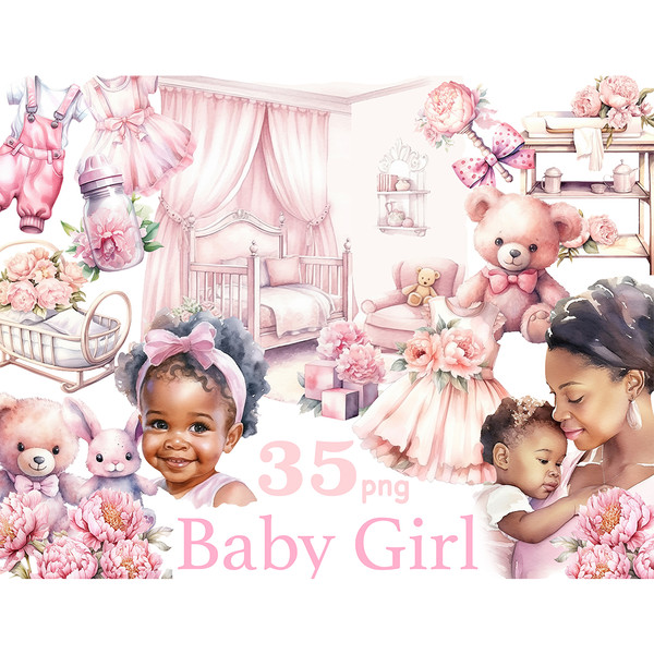 Baby Girl Black Clipart. Watercolor black baby girl with a pink bow on her head, black baby girl in her mother's arms, pink baby toys and pink clothes, baby fee