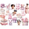 Baby Girl Black Clipart. Watercolor black girls, black baby girl in mother's arms, pregnant black girl in pink dress, pink baby toys and pink clothes, pink peon