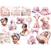 Baby Girl Black Clipart. Watercolor black girls, black baby girl in mother's arms, pink rattle, pink children's room interiors for girls, pink crib, pink shoes,