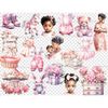 Baby Girl Black Clipart. Watercolor black girls, black baby girl in mother's arms, pregnant black girl in pink dress, pink baby toys and pink clothes, pink peon