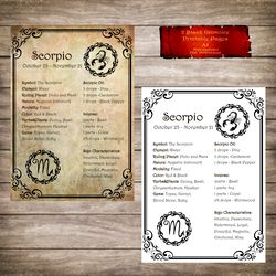 2 BOS pages - Scorpio Zodiac, Astrology, Horoscope, Grimoire Page, Magic Journal, Sign Book of Shadow, Witch Book